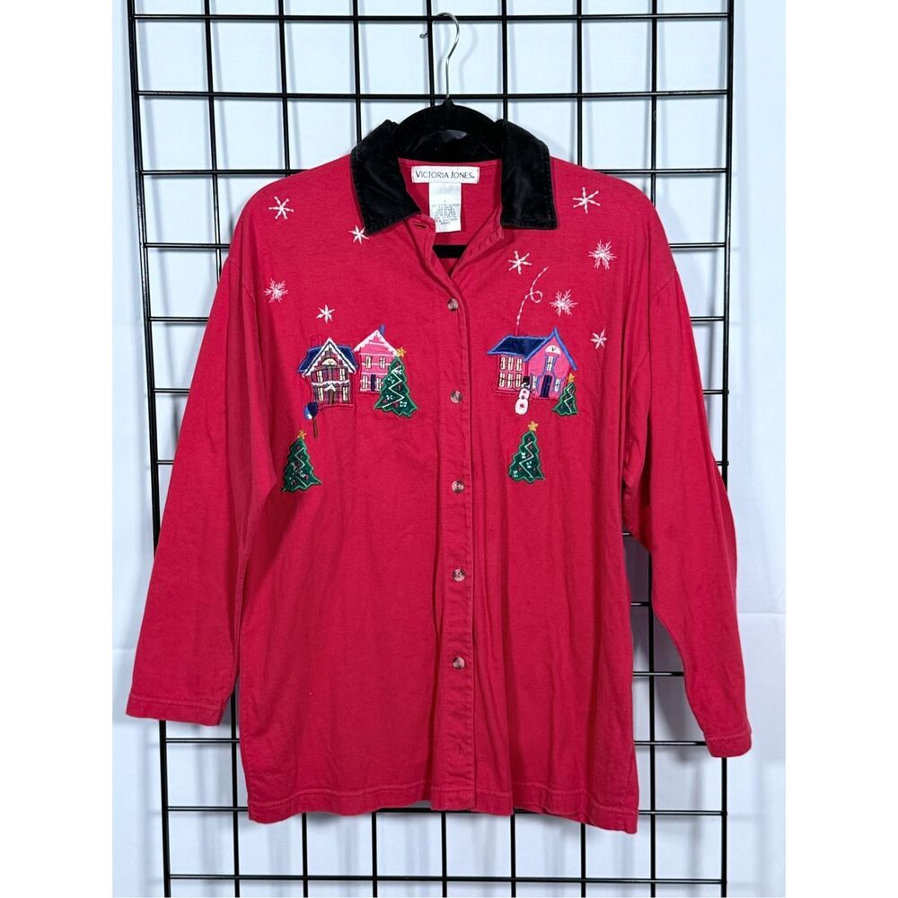 VTG Victoria Jones Christmas Button Up Shirt‎ Womens L Red Embroidered Holiday